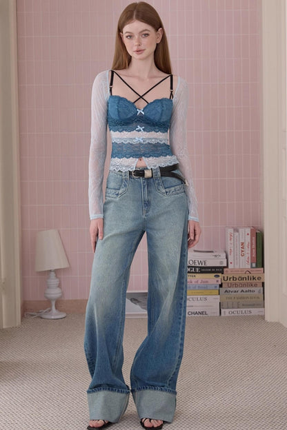 Retro Fashionable Sweet Cuffed Wide-leg Jeans