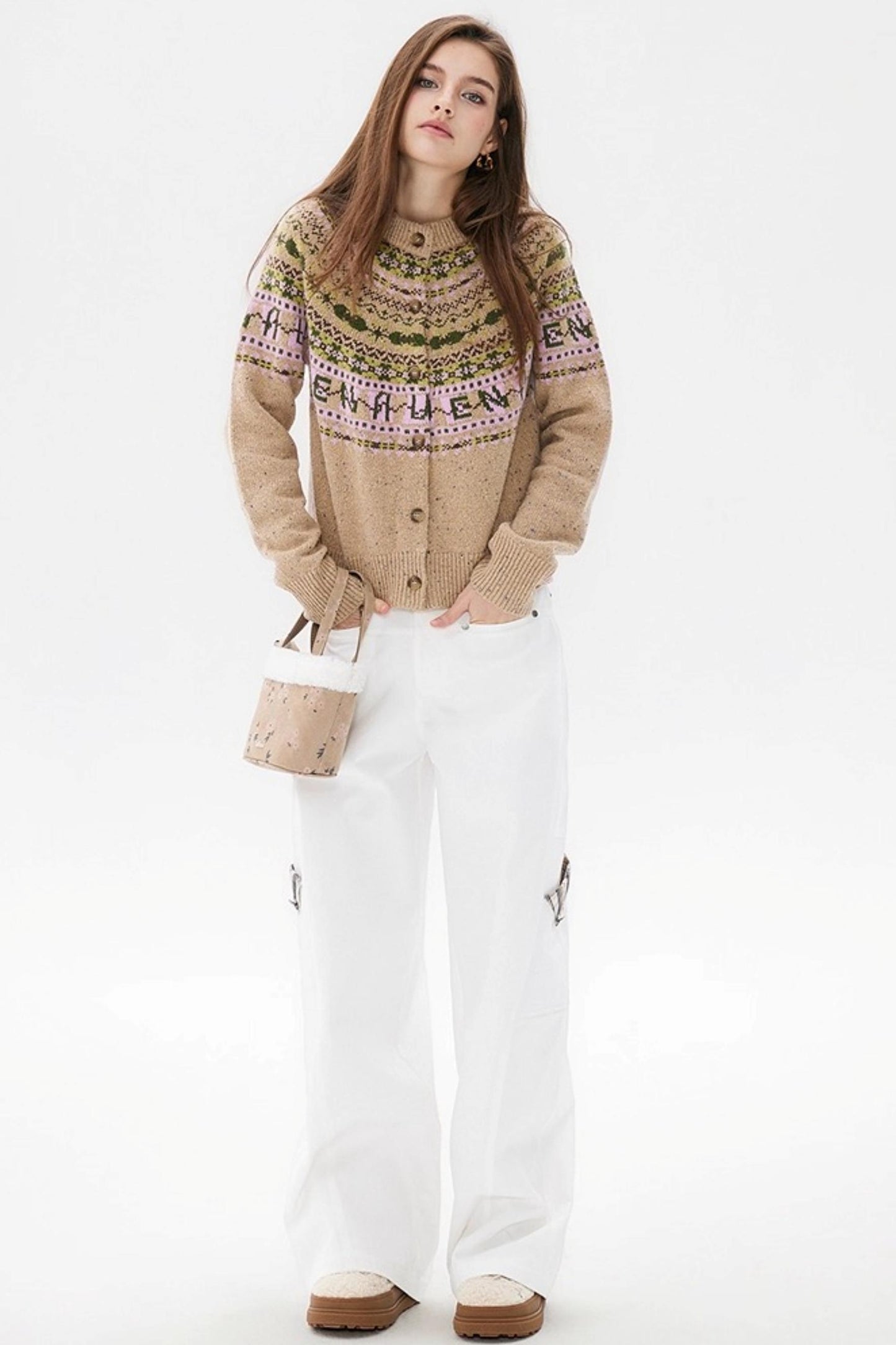 Khaki Fair Isle Wool Cardigan