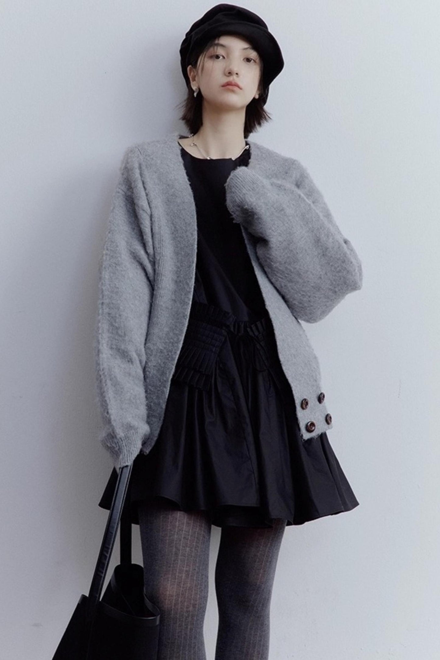 Misty Gray V-Neck Mohair Cardigan Coat