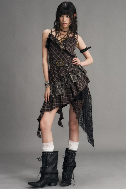 Retro Irregular Plaid Dress