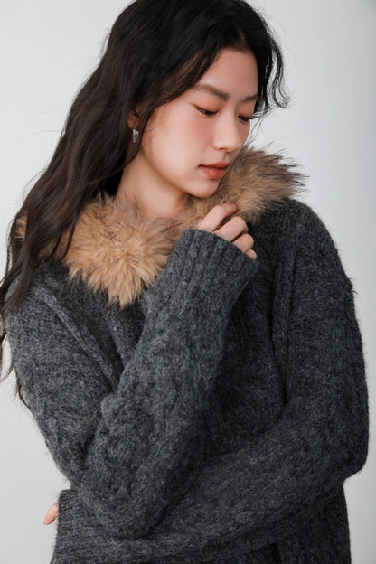 Fog Gray Fur Collar Hooded Jacket