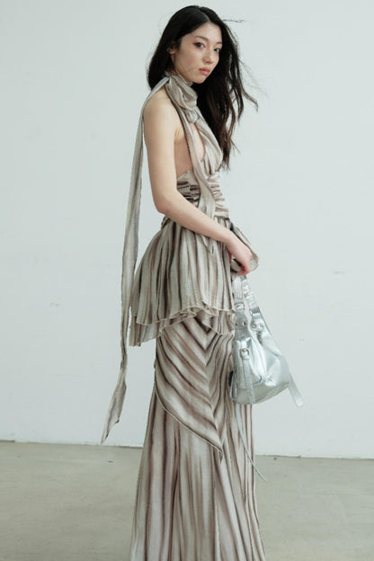Pleated V-Neck Vest With Skirt Set