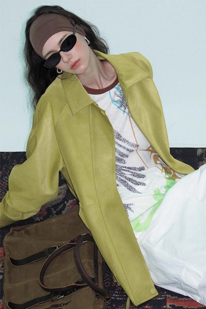 Green Lapel Leather Jacket