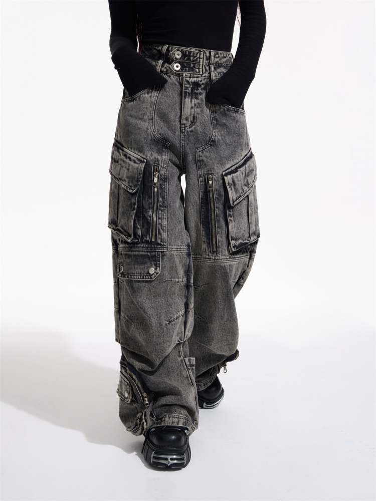 Multi Pocket Retro Wide Leg Denim Pants