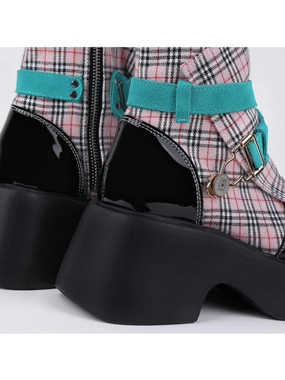 Niche Punk Style Plaid Pattern Side Zip Martin Boots