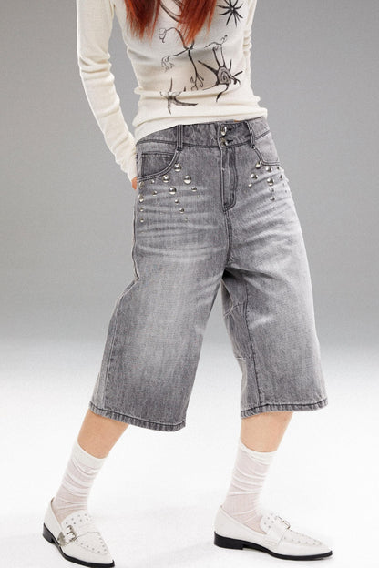 Metal Stud Denim Mid Pants