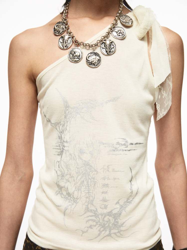 Back Flower Stitched Lace One-Shoulder Print Tops