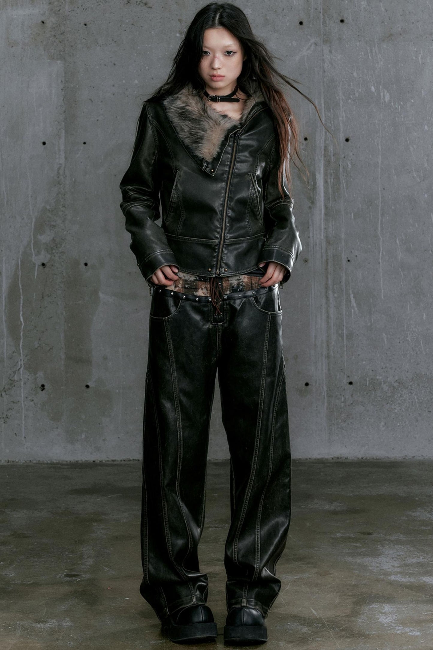 Washed Leather Panel Straight Pants