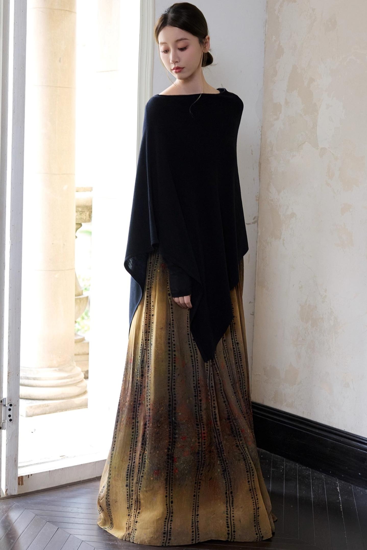 Autumn Black Wool Cloak Cape