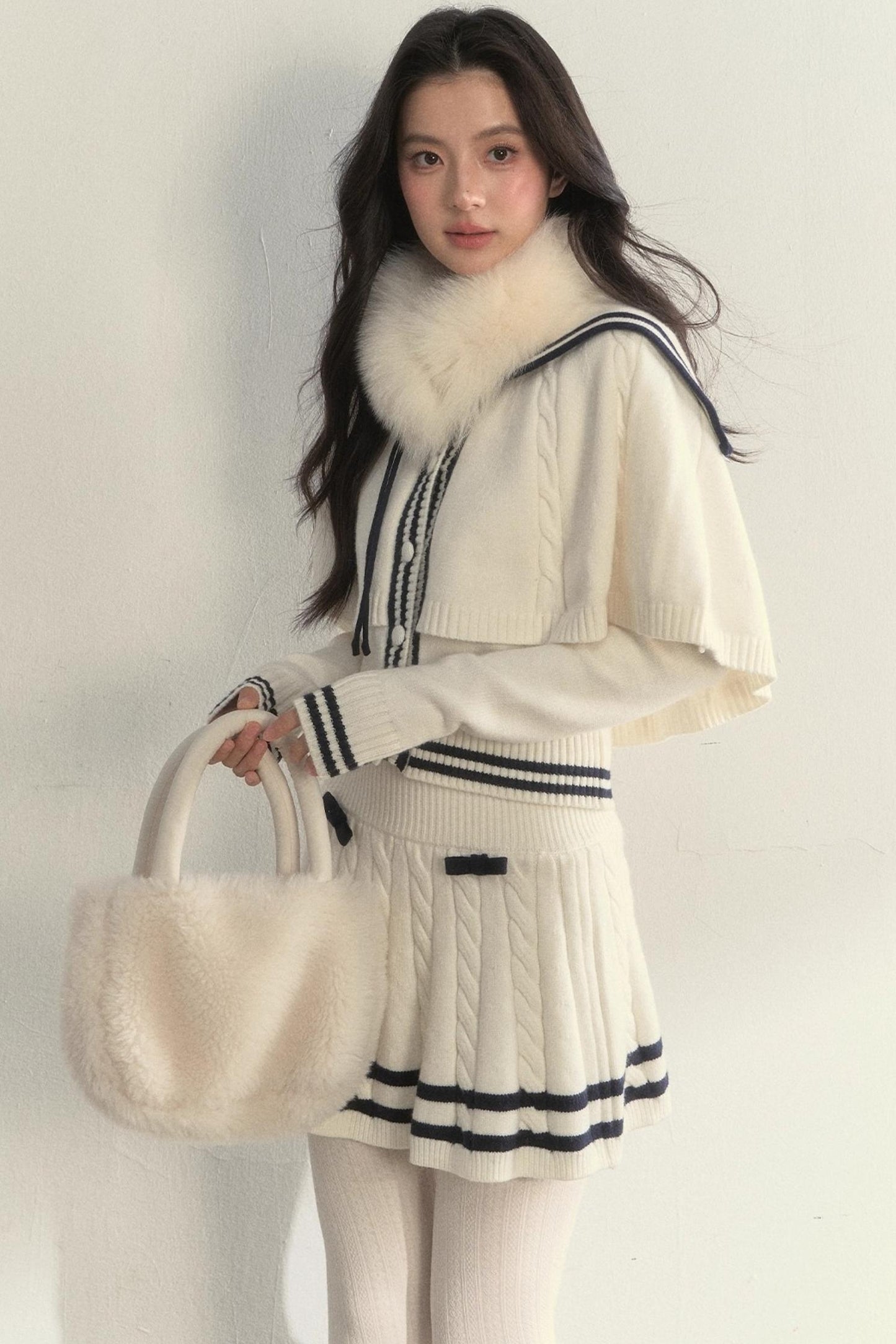 Vintage Navy Twist-Knit Cape Sweater Set-Up