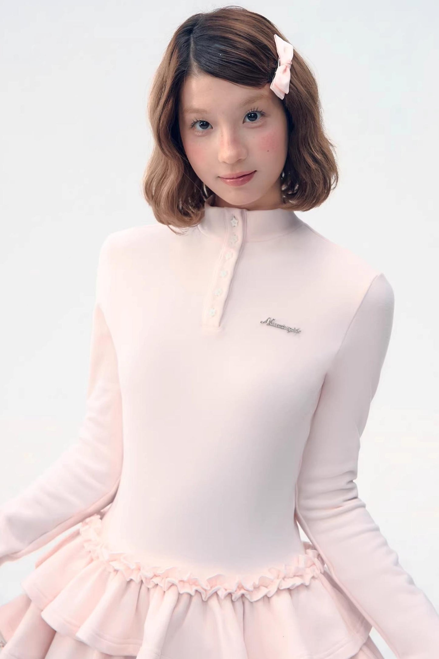 Six-Button Lace Hem Blouse Top