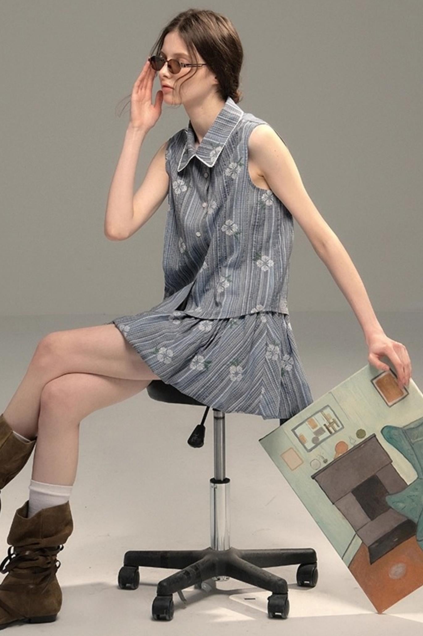 Flower Stitch Vest Skirt Set-Up