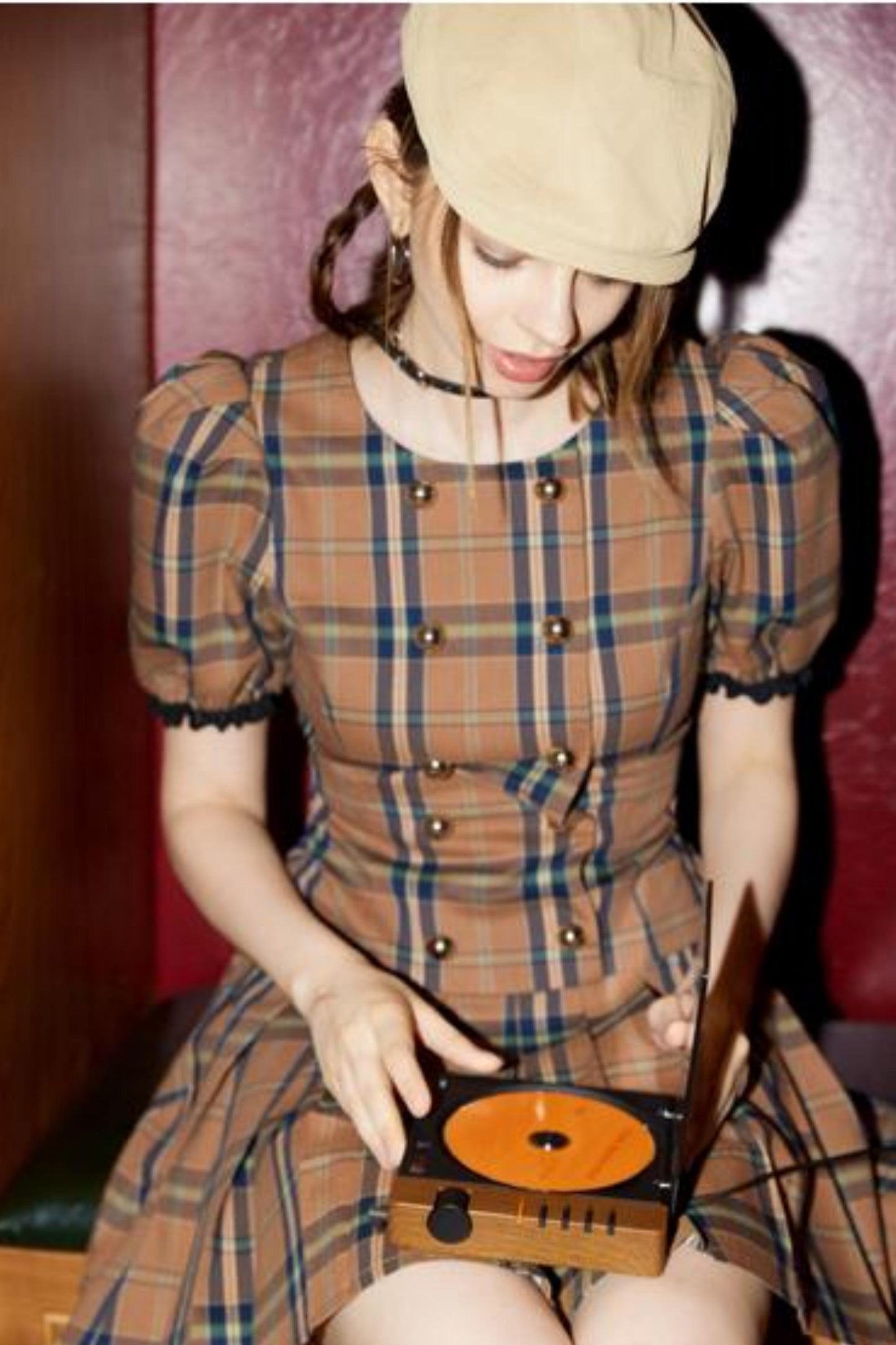 Bubble Sleeves Plaid Dress