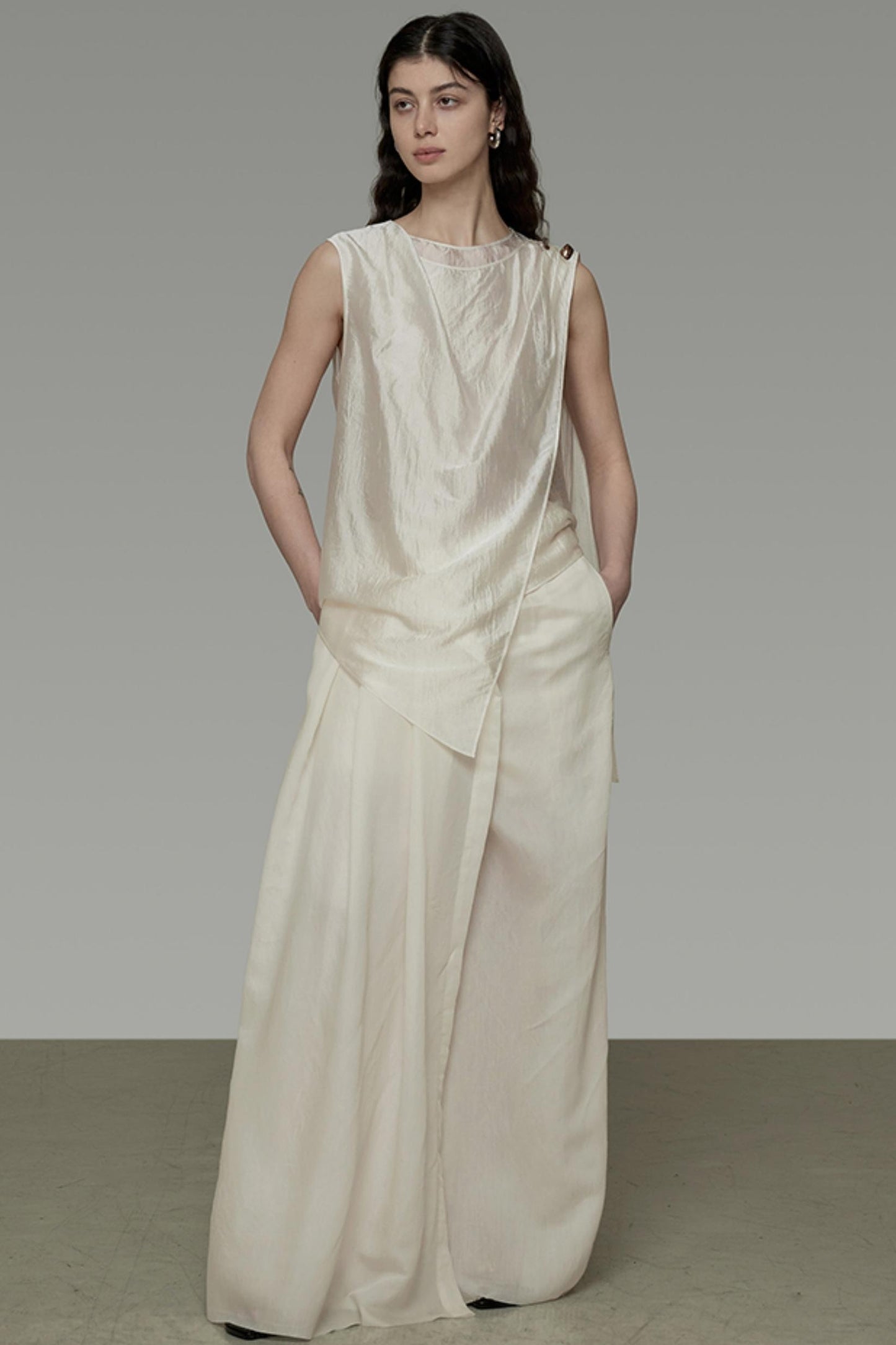 Draped Asymmetric Wide-Leg Trousers