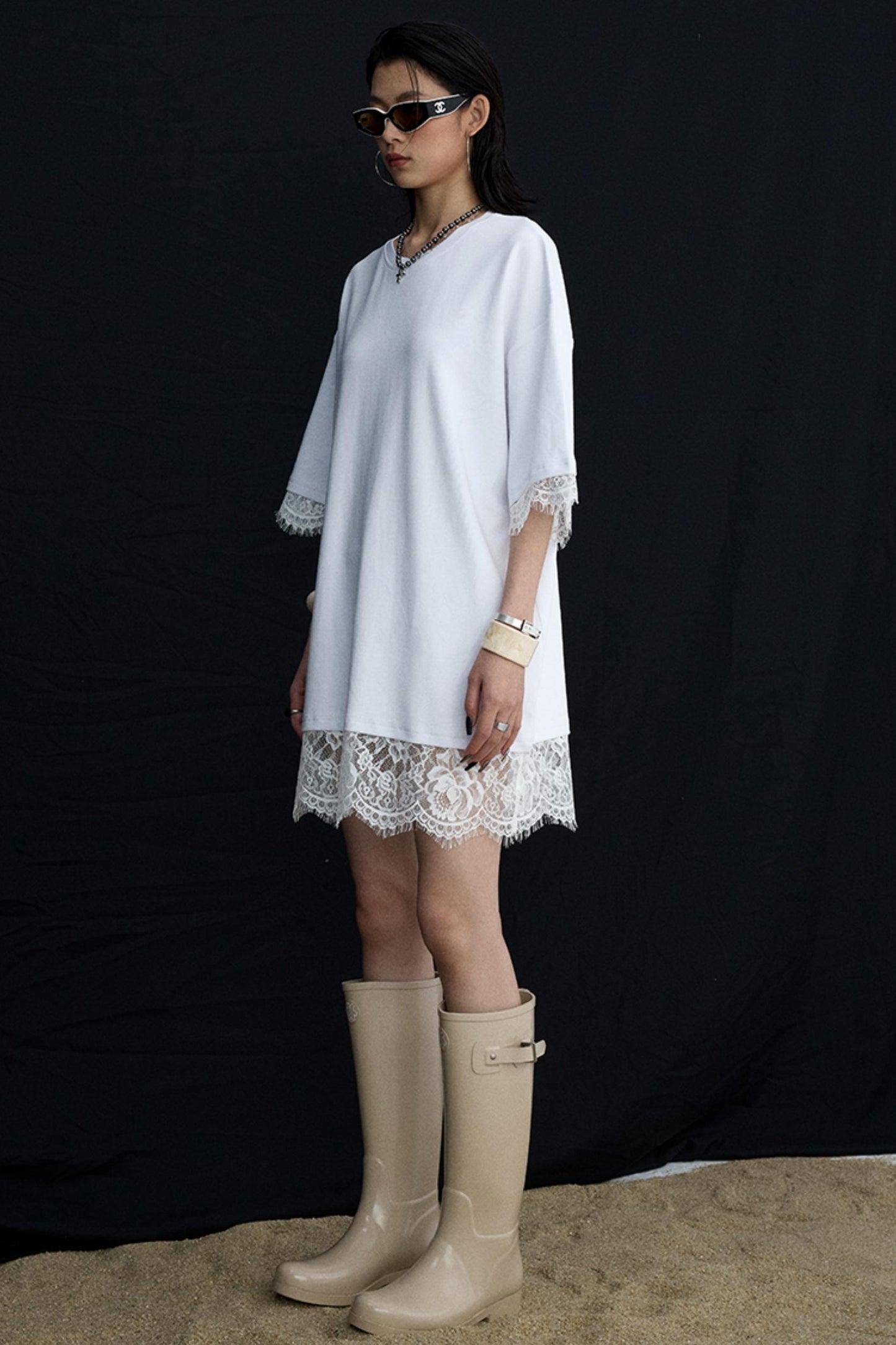 Patchwork Lace Crew Neck Long Top