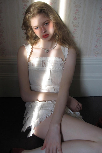 Square-Neck Vest Cropped A-Line Puffed Skirt Set-Up