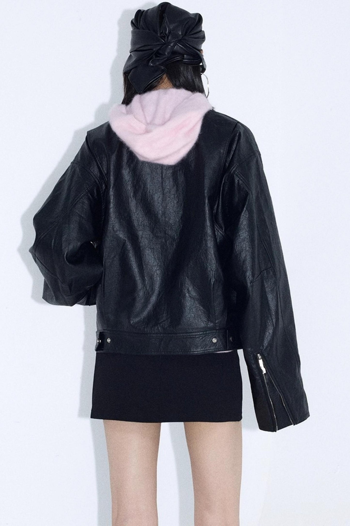 Stand-Up Pleated Leather Jacket