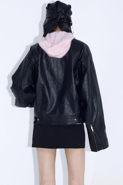 Stand-Up Pleated Leather Jacket