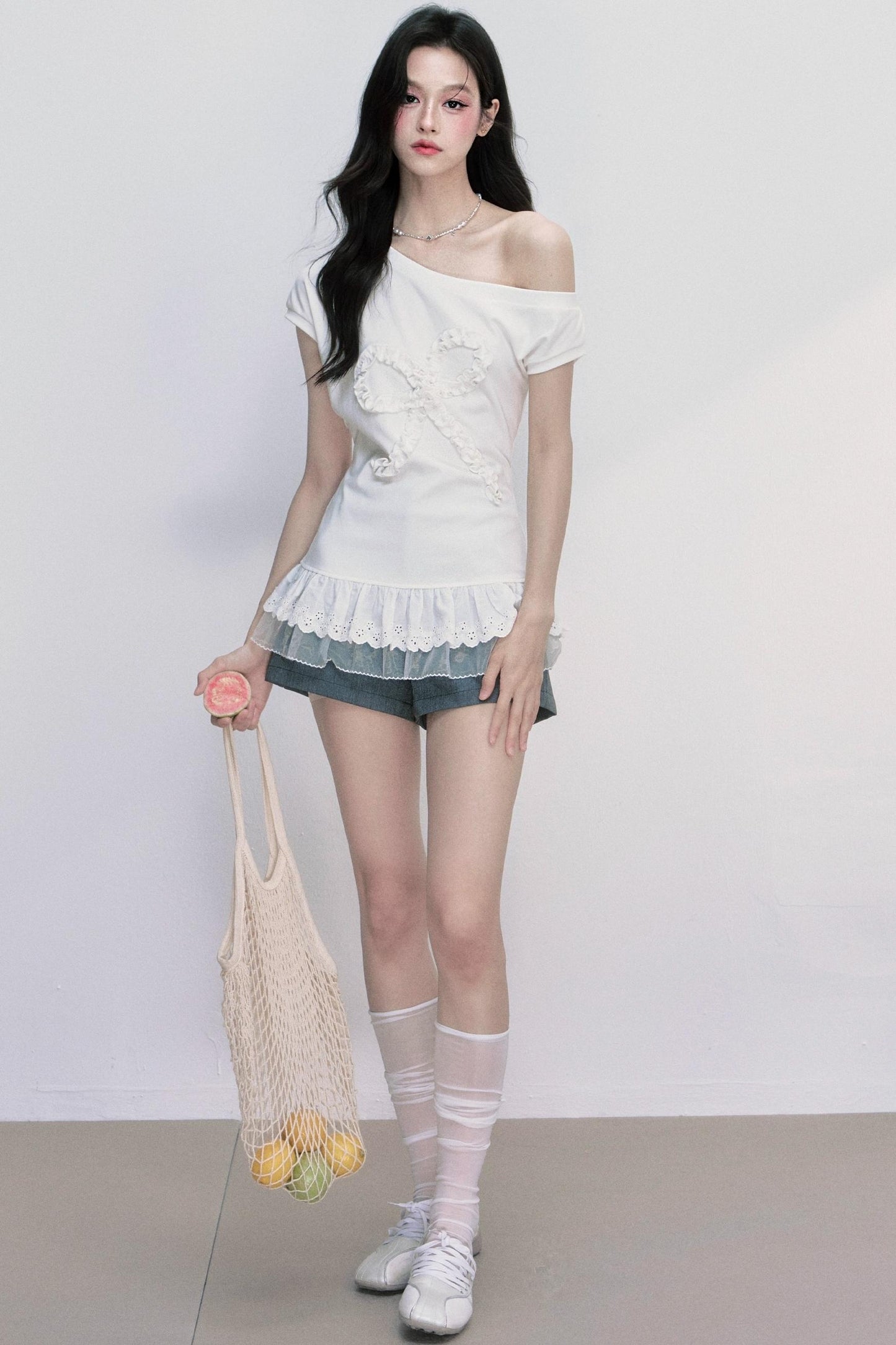 Slanted Shoulder Korean Lace Top