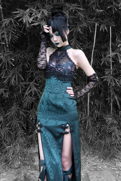 Gothic Mesh Slit Cheongsam Dress Set-Up