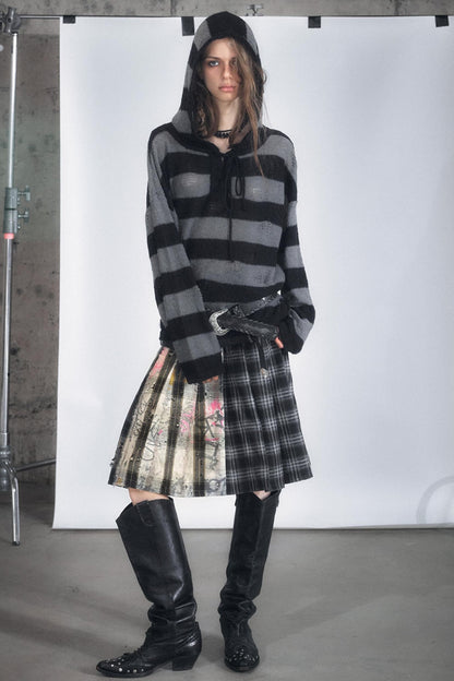 Leather Waist Plaid Pleated Skirt