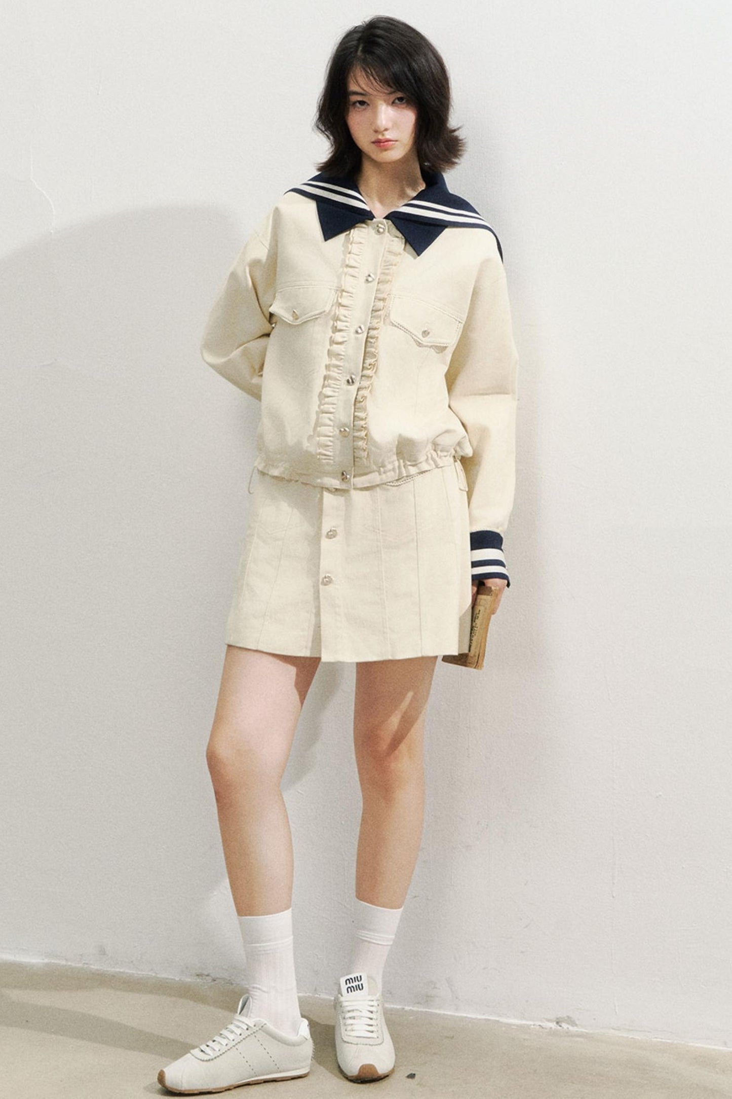 Beige Navy Collar Jacket Set-Up