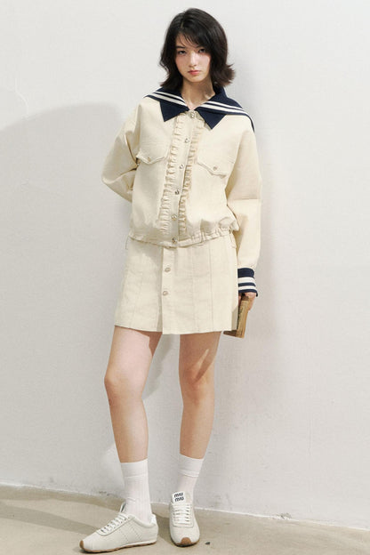 Beige Navy Collar Jacket Set-Up