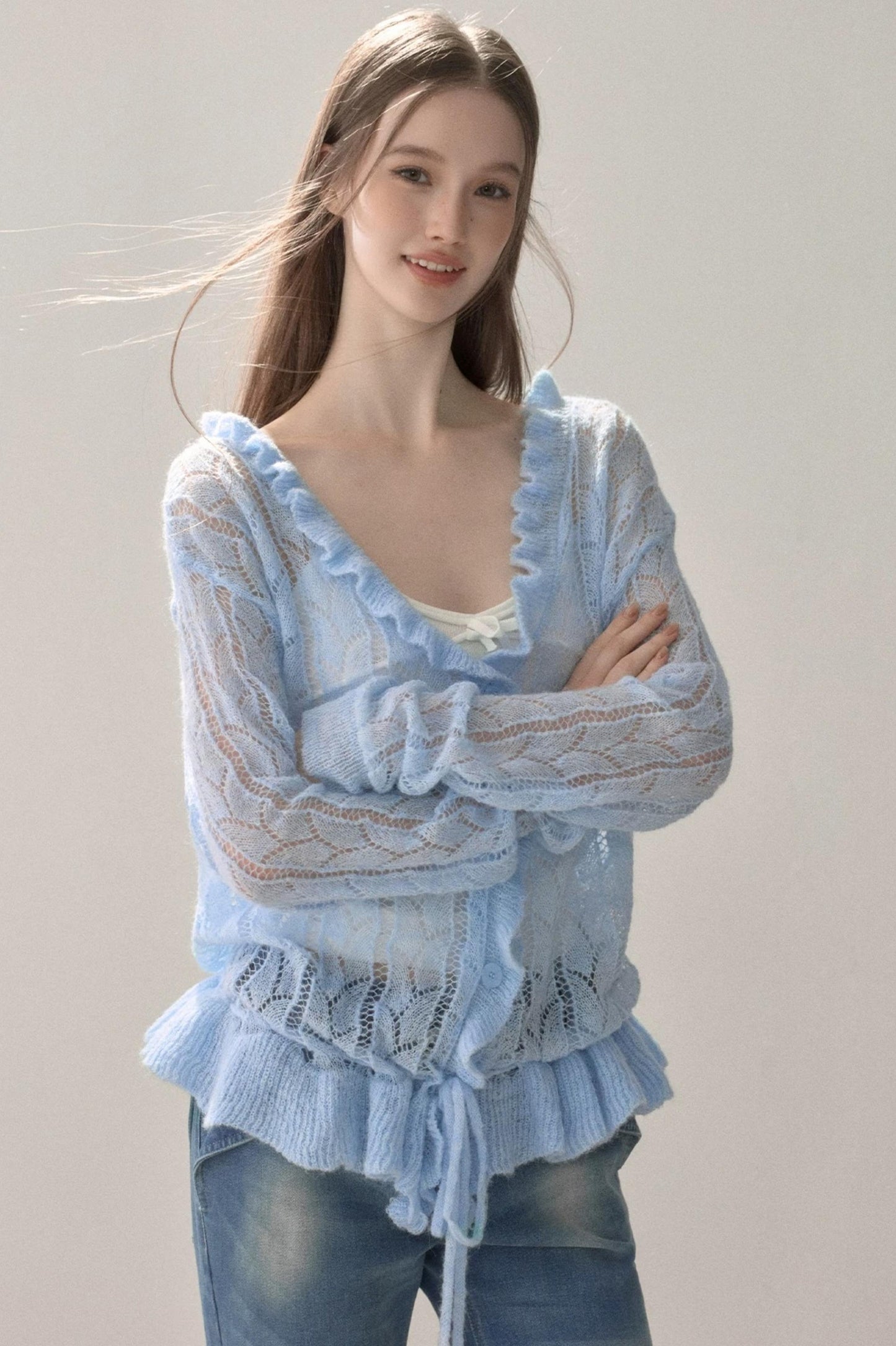 Knit Ruffled Cut Out Blouse