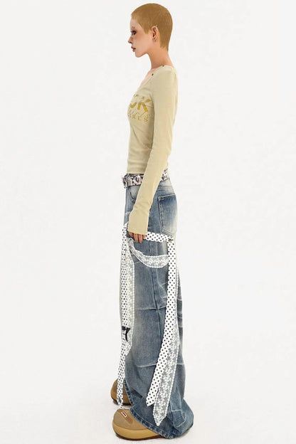 Textured Wide-Leg Denim Pants