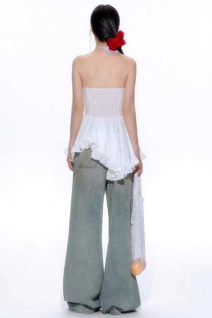 Hollow Lace Halter Top Jeans Set-Up