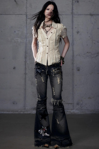 Vintage Lace V-Neck Bubble Sleeve Shirt