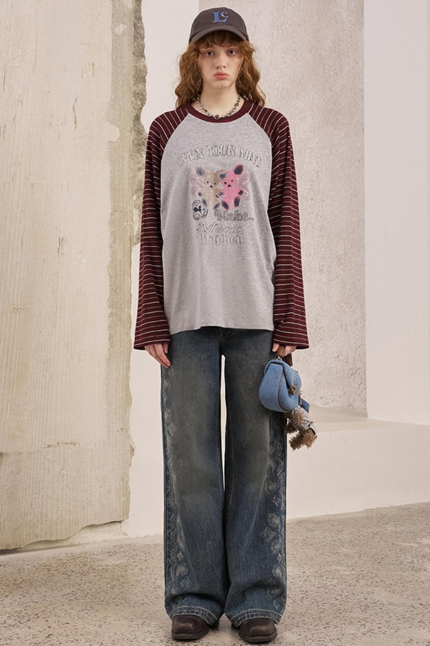 Bear Print Striped Long Sleeve T-Shirt