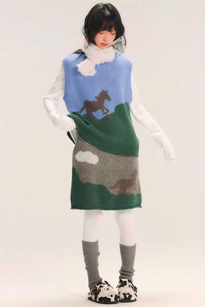 Color-Block Wool Knitted Skirt