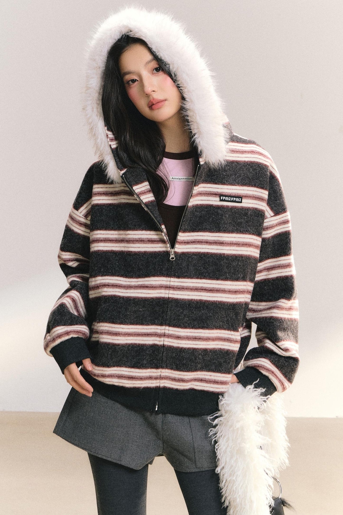 Detachable Fur Collar Striped Jacket