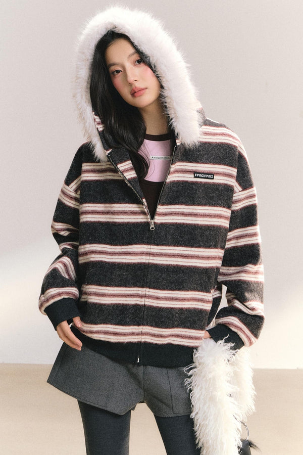 Detachable Fur Collar Striped Jacket
