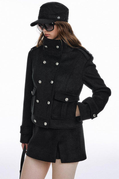 Classic High-Necked Black Woolen Skirt Set-Up