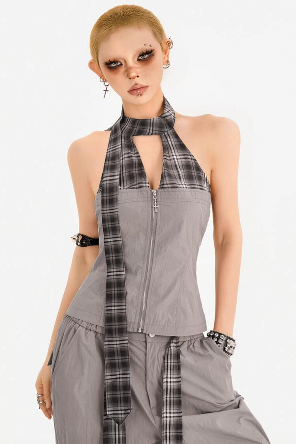 Plaid Halter Vest V-Neck Suit Set-Up