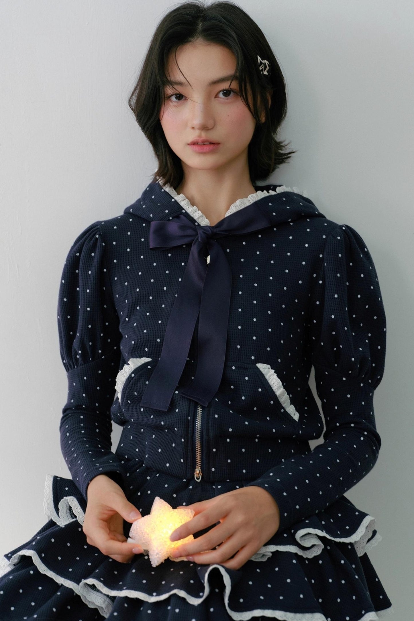 Navy Polka Dot Hooded Tracksuit Set-Up