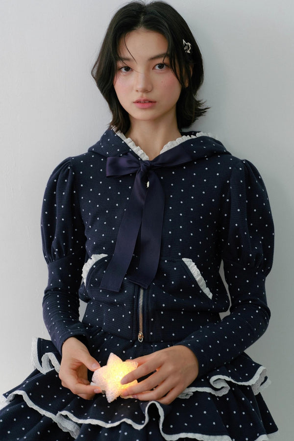 Navy Polka Dot Hooded Tracksuit Set-Up