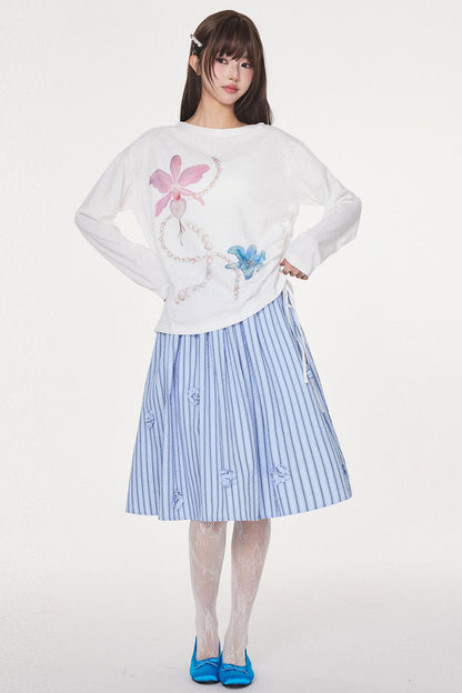 Blue Striped Flower Silhouette Skirt