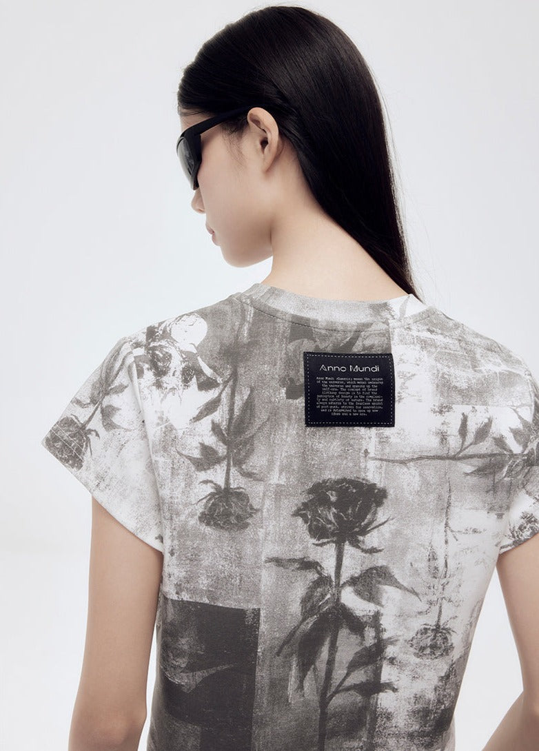 Botanical Pattern Short Round Neck T-Shirt