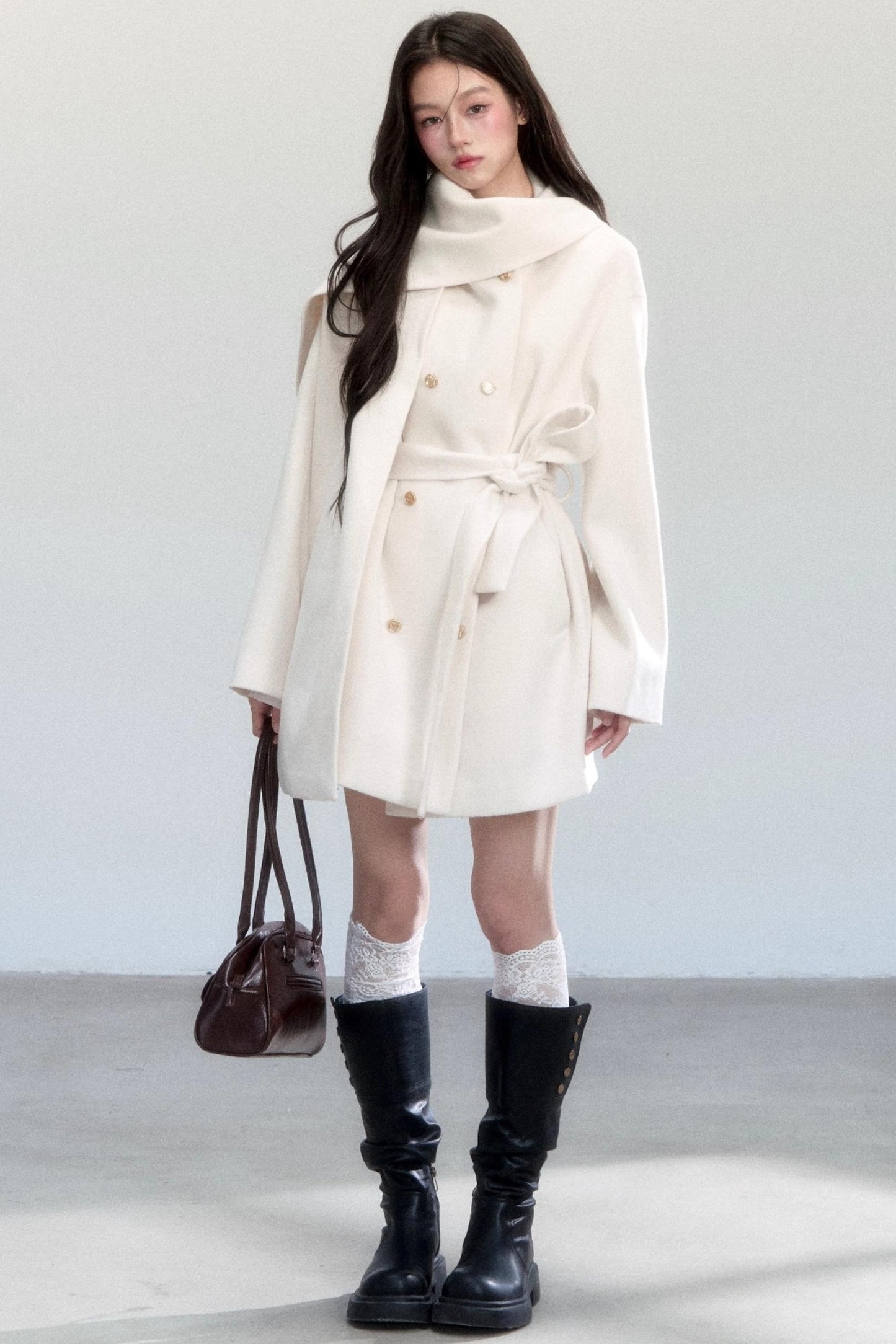 White Lace-Up Woolen Jacket