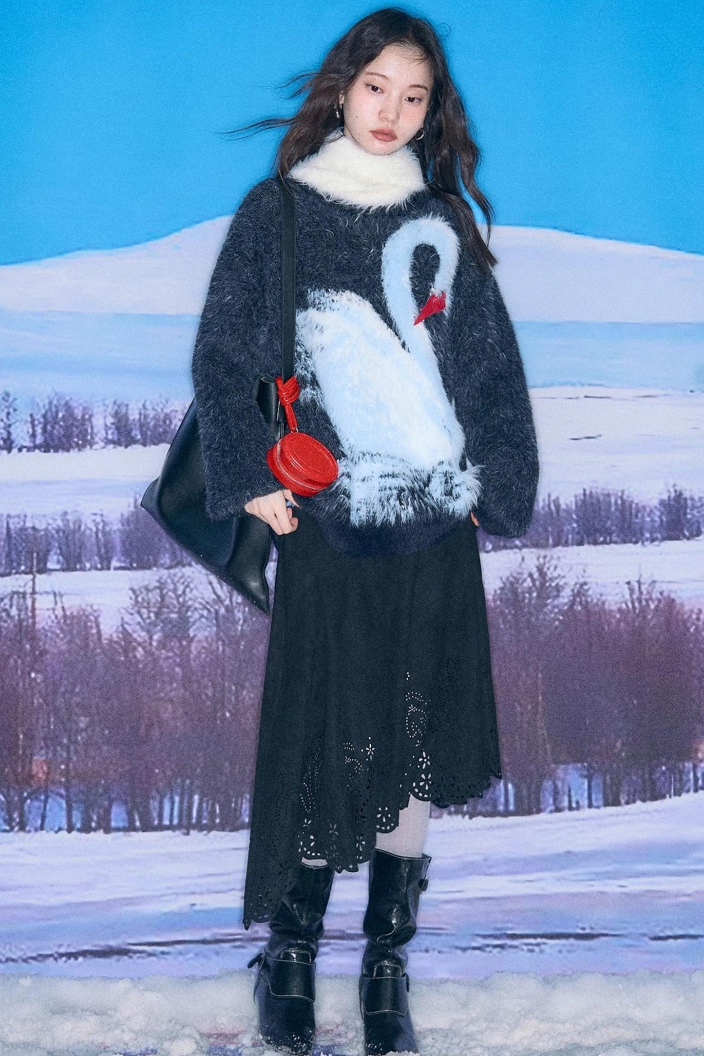 Moonlight Swan Faux Velvet Sweater