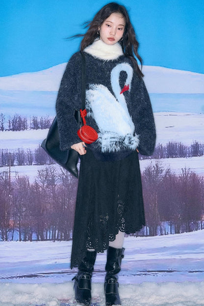 Moonlight Swan Faux Velvet Sweater