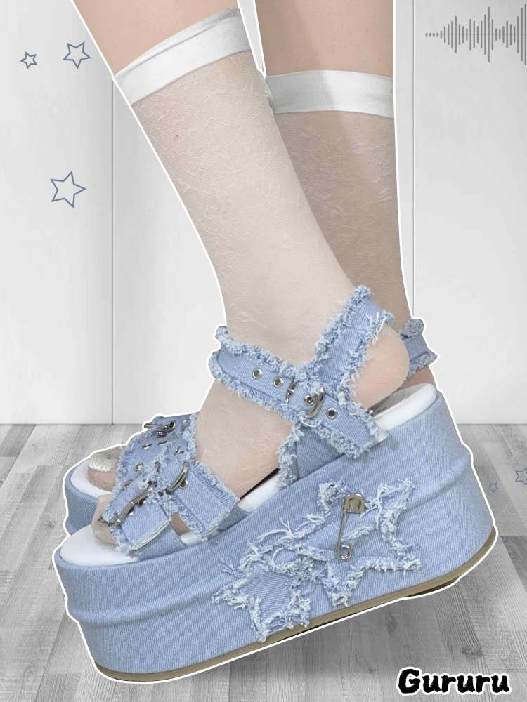 Y2K Punk Star Denim Eyelet Belt Super Thick Sole Sandals