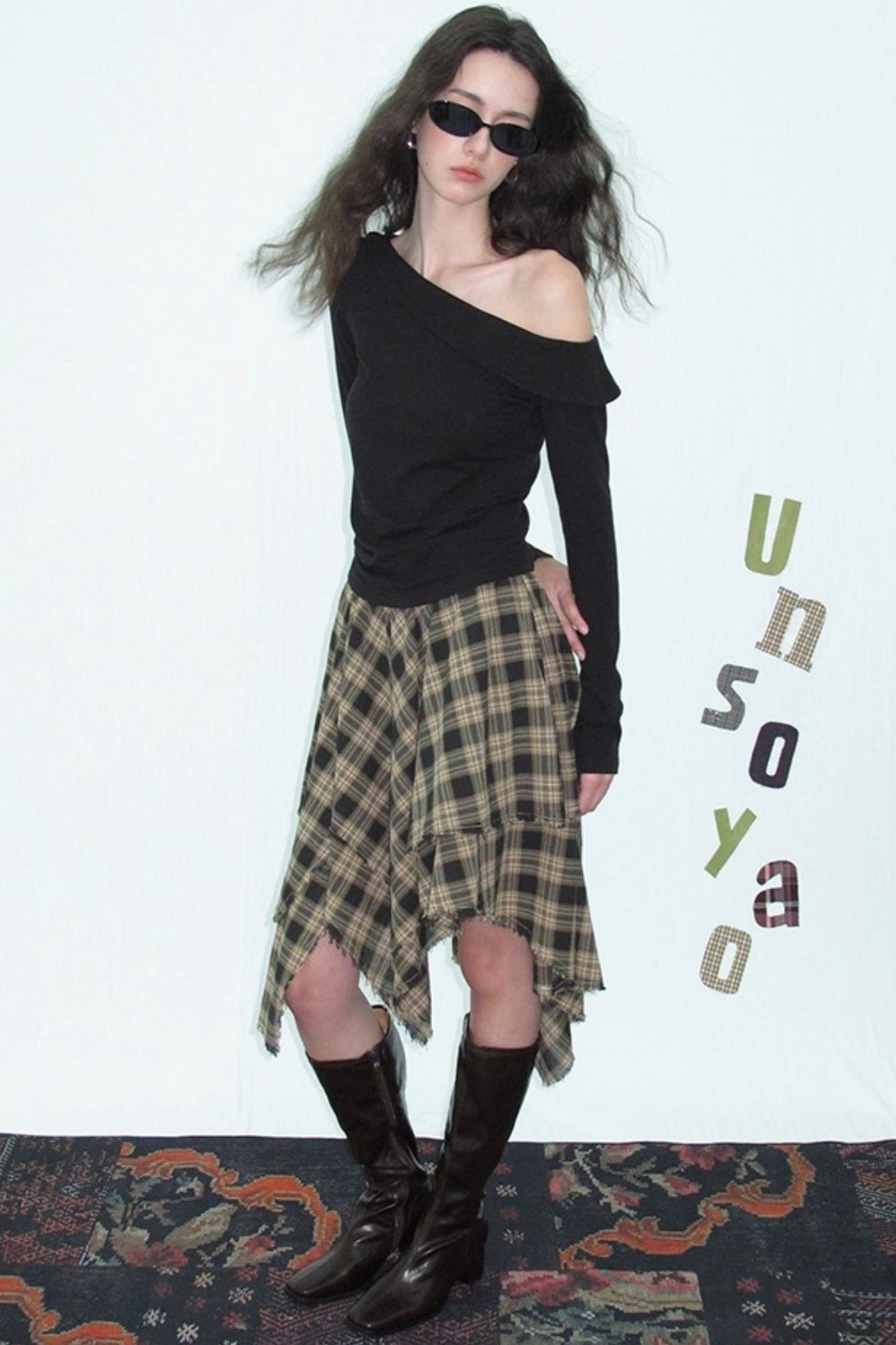 Slanted Shoulder Knit Top Skirt Set-Up