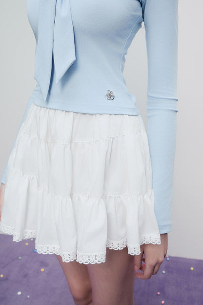 Korean Lace Trim Tie Neck Sweater