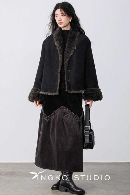 Gray Coffee Spliced Corduroy Skirt