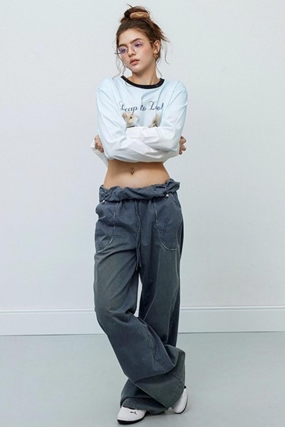 Washed Distressed Cuffed Waist Loose Pants