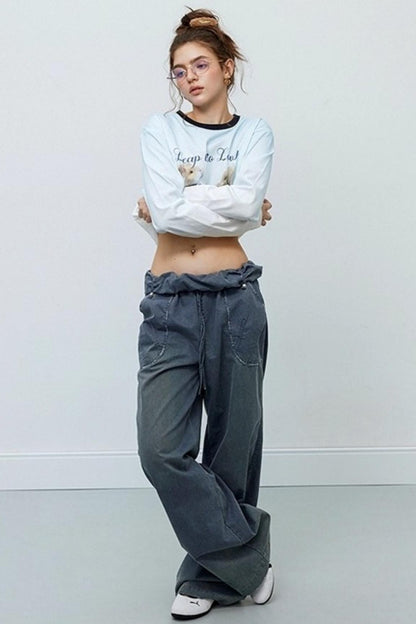 Washed Distressed Cuffed Waist Loose Pants